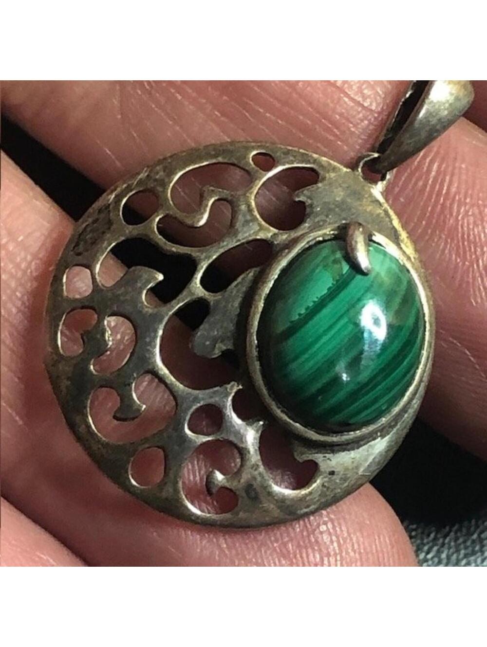 B0413 Sterling Silver STS 925 Malachite Pendant Round Filigree Vintage